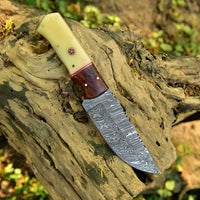 Damascus Skinning Knife With Bone-Rose Wood Handle