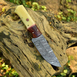 Damascus Skinning Knife With Bone-Rose Wood Handle