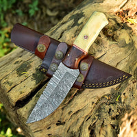 Damascus Skinning Knife With Bone-Rose Wood Handle