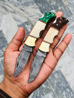 Top Quality Damascus Steel Folding Pocket Knife with Bone-Rosewood and Green Wood Handle, 3 Inches Blade Length and Leather Case - For Sale by KBS Knives Store.