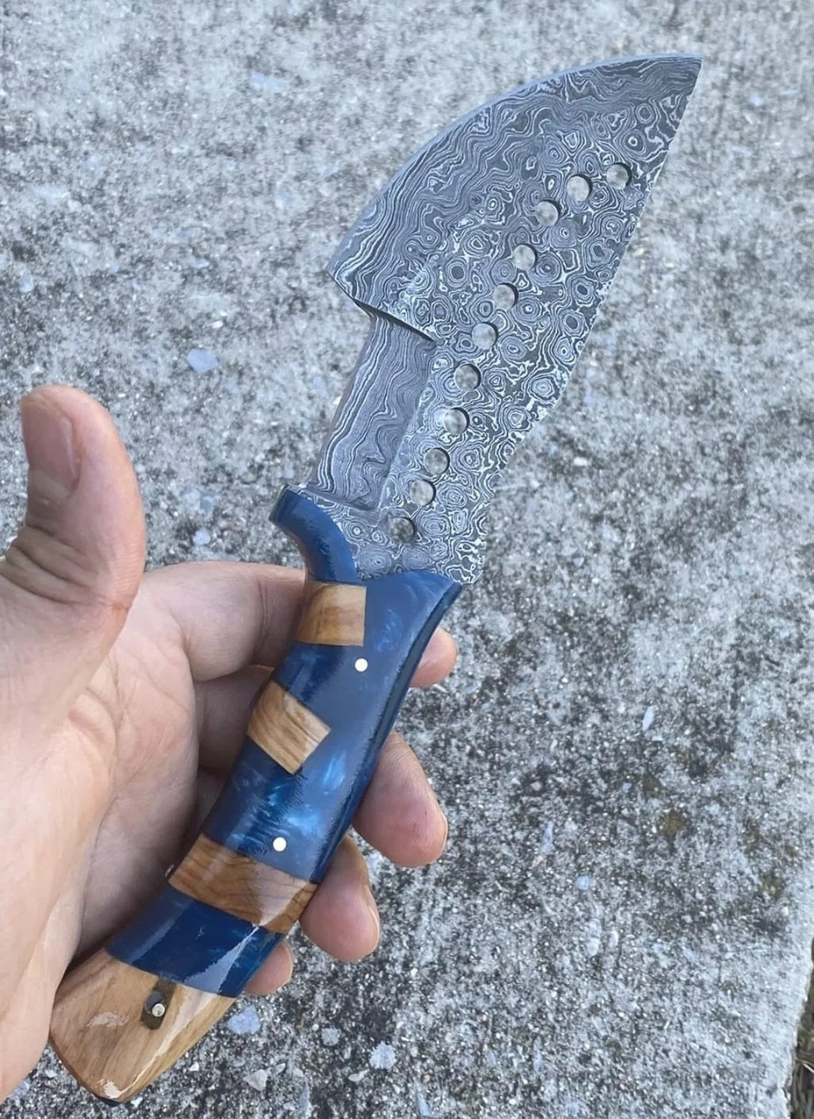 Damascus Steel Handmade Tom Brown Tracker Knife with Raindrops Pattern and Epoxy Resin Handle - 10 Inches Overall Length - Leather Sheath Included - For Sale at KBS Knives Store - Perfect for Hunting, Camping, and Outdoor Activities