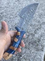 Damascus Steel Handmade Tom Brown Tracker Knife with Raindrops Pattern and Epoxy Resin Handle - 10 Inches Overall Length - Leather Sheath Included - For Sale at KBS Knives Store - Perfect for Hunting, Camping, and Outdoor Activities