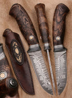 9 Inch Damascus Steel Buck Knife with Steel Guard and Leather Sheath