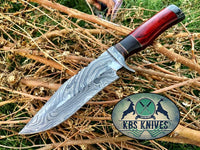Bowie Knife with Custom Handmade Damascus Steel Blade and Colored Wood Handle