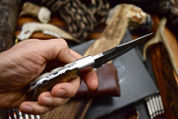 Sheep horn handle fixed blade knife with steel bolster and leather sheath
