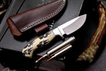 7.25-inch hunting knife with VG10 tool steel blade and leather sheath
