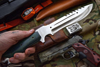 Close-up of the D2 mirror polished steel blade and Micarta G10 handle on the Combat Bushcraft Knife.