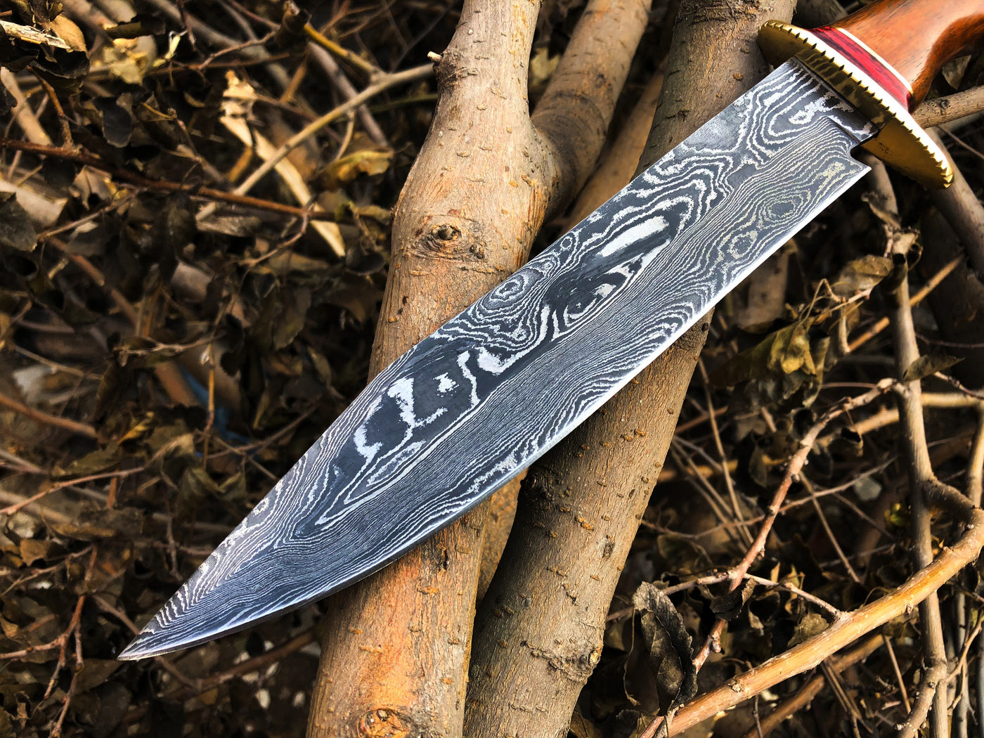 Close-up of the Damascus Blade Pattern on a Real Bowie Knife by KBS Knives