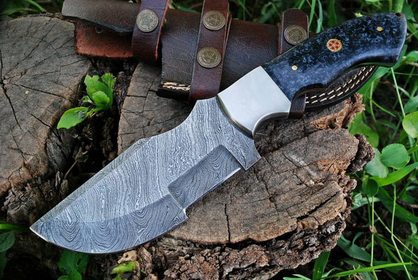Resin-Handled Damascus Steel Tracker Knife - 10" Overall Length, Handmade Craftsmanship, Leather Sheath Included