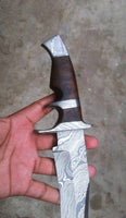 Custom Bowie Knife with leather sheath and Damascus steel blade, perfect for outdoor use