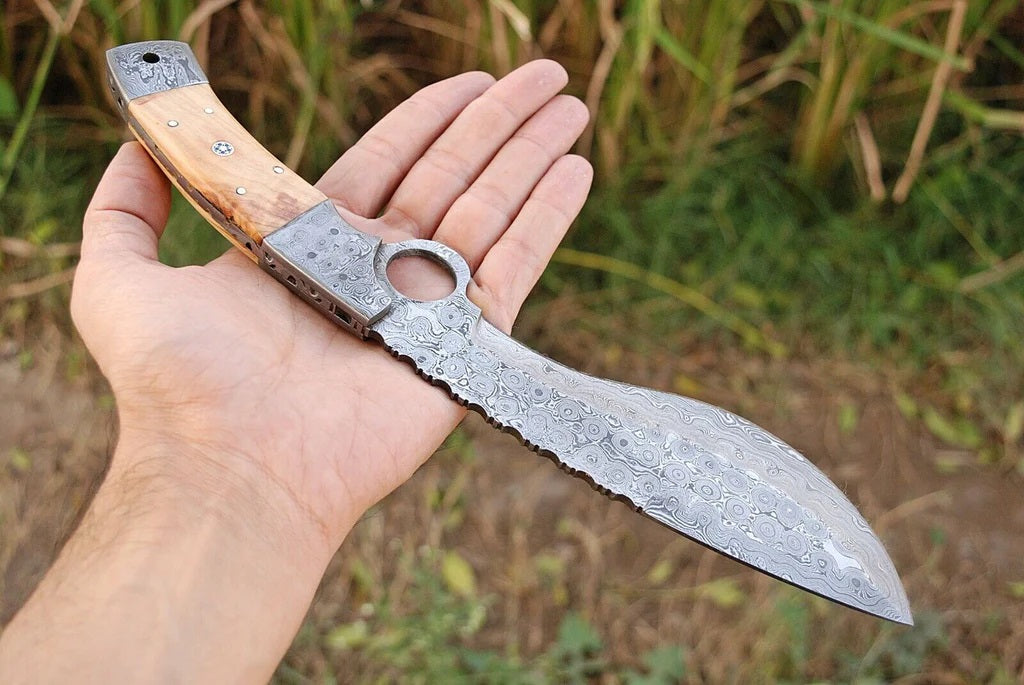 Custom Damascus Steel Gurkha Kukri for Sale with Olivewood Handle.