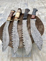 Custom Damascus Steel Kukri with Bone, Rosewood, and Antler Crown Handle and Leather Sheath.
