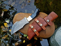 Custom Damascus Steel Tracker Knife with Buffalo Horn Handle and Brass Bolster for Survival and Camping