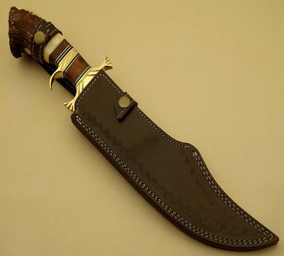 Custom Damascus steel Bowie Knife with a rosewood handle, ideal for outdoor enthusiasts.