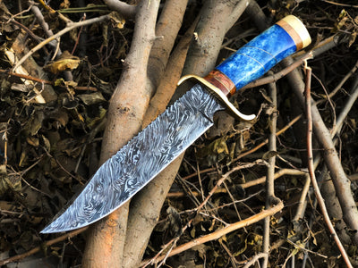 Custom Fire Pattern Damascus Steel Bowie Knife with Buffalo Horn and Olive Wood Handle