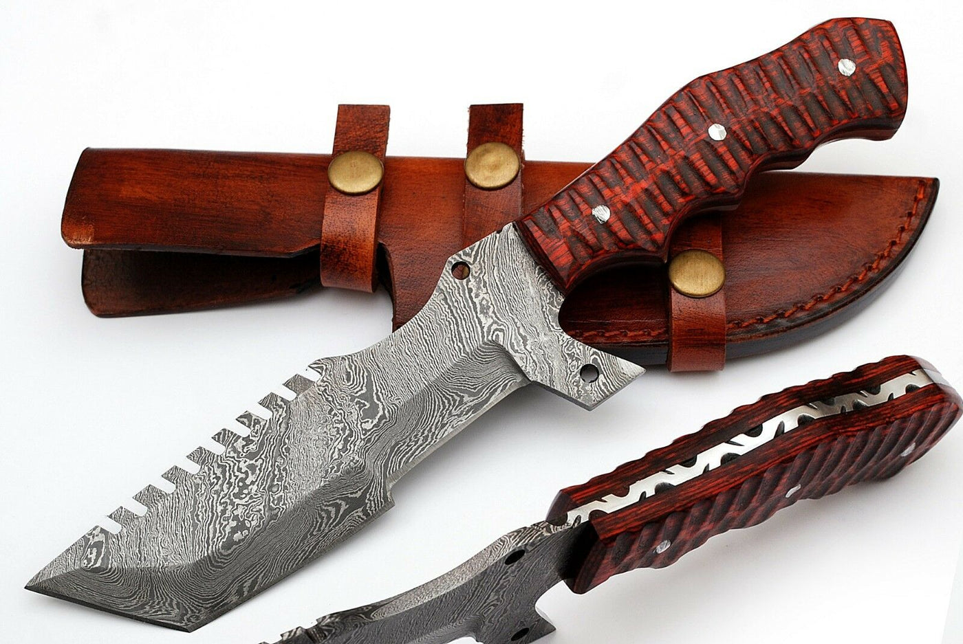 Custom Handcrafted Damascus Steel Tanto Tracker Knife with Exotic Color Wood Handle and Horizontal Leather Sheath