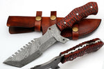 Custom Handcrafted Damascus Steel Tanto Tracker Knife with Exotic Color Wood Handle and Horizontal Leather Sheath