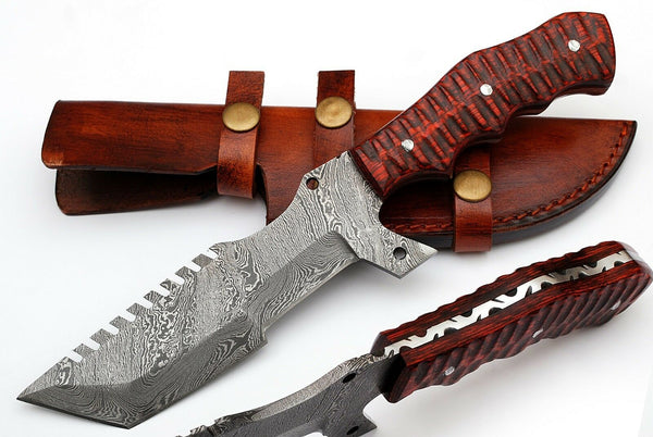 Custom Handcrafted Damascus Steel Tanto Tracker Knife with Exotic Color Wood Handle and Horizontal Leather Sheath