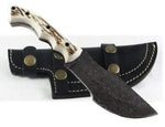 Custom Handcrafted Damascus Steel Tom Brown Tracker Knife with Antler Horn Handle and Horizontal Leather Sheath