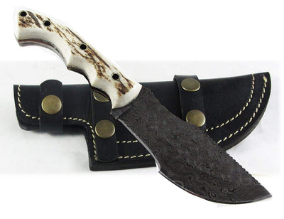 Custom Handcrafted Damascus Steel Tom Brown Tracker Knife with Antler Horn Handle and Horizontal Leather Sheath