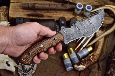 Custom Handcrafted Damascus Steel Tom Brown Tracker Knife with Canvas Micarta G10 Handle and Horizontal Leather Sheath