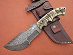 Custom Handcrafted Damascus Steel Tom Brown Tracker Knife with Mountain Sheep Horn Handle and Horizontal Leather Sheath