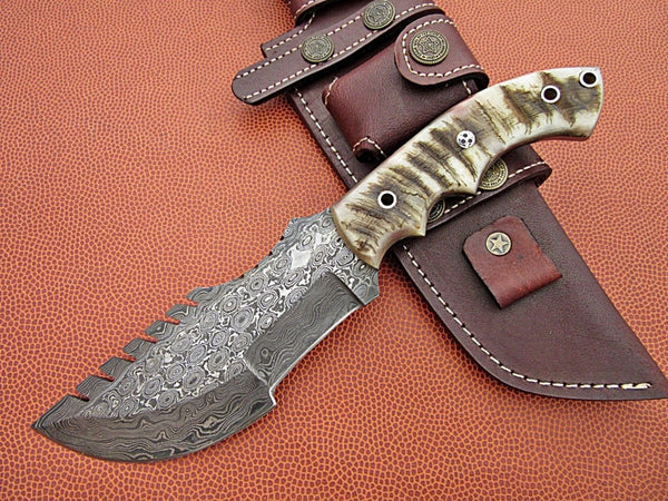 Custom Handcrafted Damascus Steel Tom Brown Tracker Knife with Mountain Sheep Horn Handle and Horizontal Leather Sheath