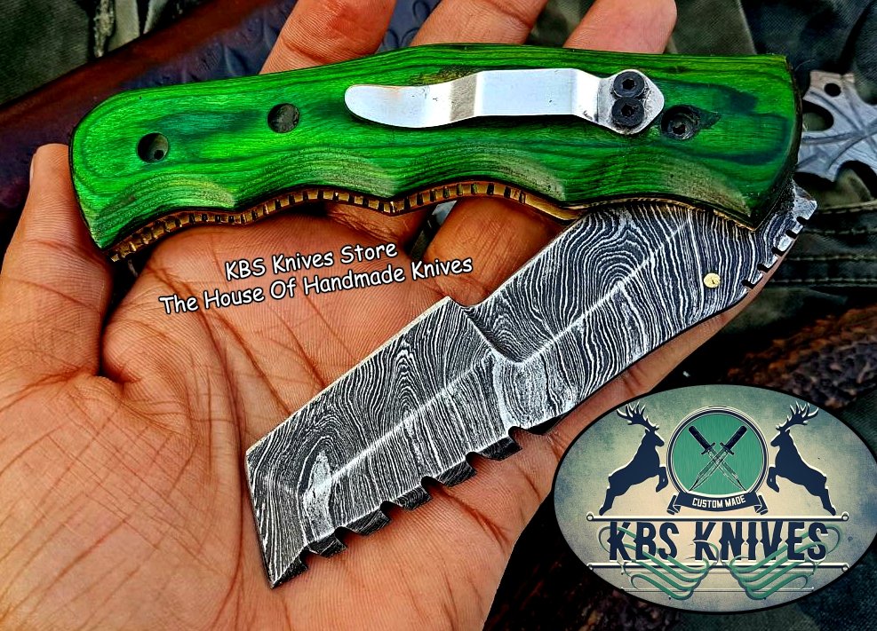 Custom Handcrafted Damascus Steel Tops Tanto Tactical Tracker Folding Knife with Exotic Wood Handle