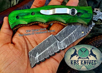 Custom Handcrafted Damascus Steel Tops Tanto Tactical Tracker Folding Knife with Exotic Wood Handle