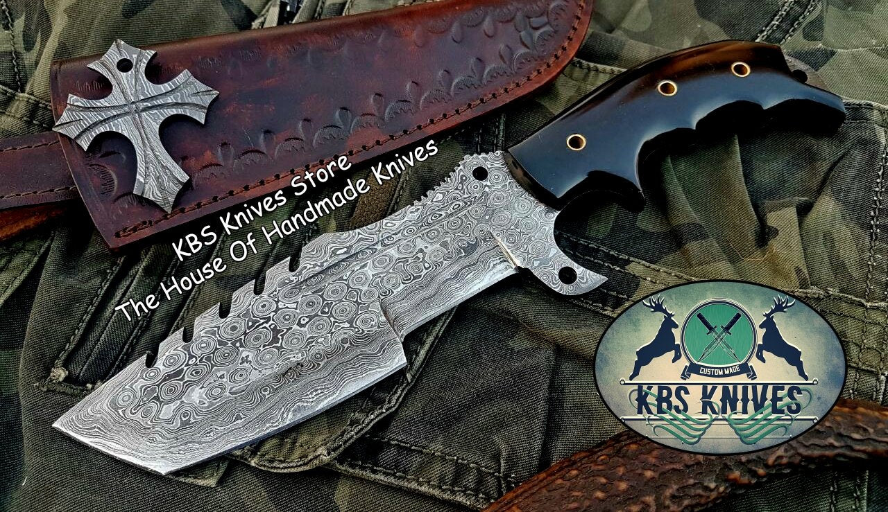 Custom Handcrafted Damascus Steel Tops Tanto Tactical Tracker Knife with Buffalo Horn Handle