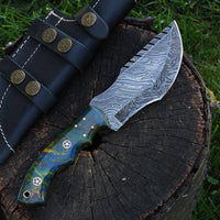 Custom Handcrafted Fire Damascus Top Tom Brown Tracker Knife with Epoxy Resin Handle and Horizontal Leather Sheath