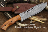 Custom Handcrafted Full Tang Bowie Knife with Olive Wood Handle and Brass Pipes