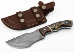 Custom Handcrafted Raindrops Damascus Steel Tom Brown Tracker Knife with Sheep Horn and Rose Wood Handle and Brass File Worked Spacer