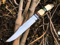 Custom Handmade D2 Steel Bowie Knife with Bone and Colored Wood Handle