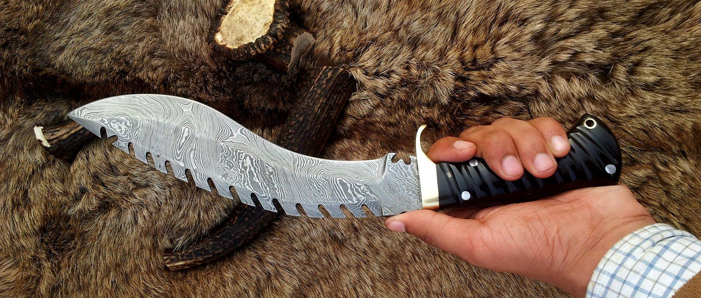 Custom Handmade Gurkha Kukri with 14-inch Damascus Blade and Leather Sheath.
