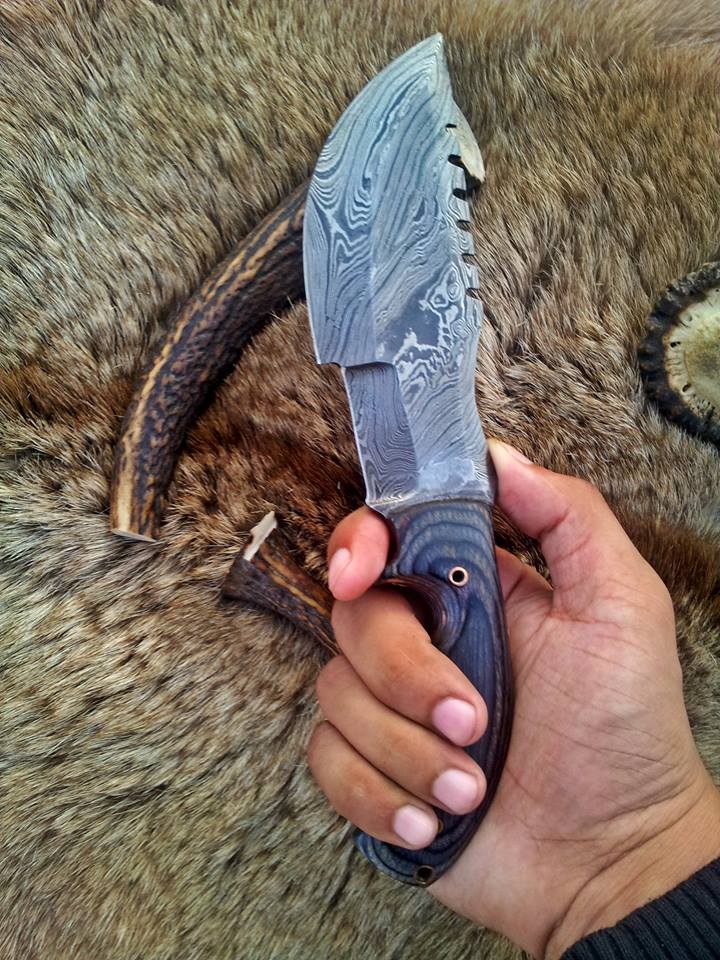 Custom Handmade Outdoor Knife with Exotic Wood Handle and Horizontal Leather Sheath