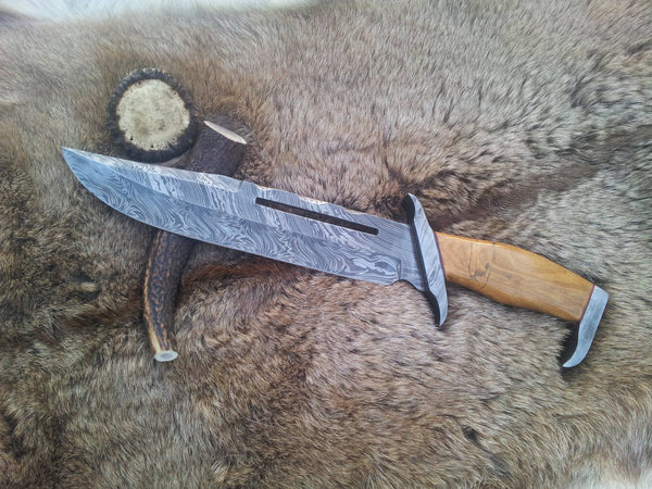 Custom Handmade Rambo Bowie Knife with Fire Pattern Damascus Steel Blade and Olive Wood Handle