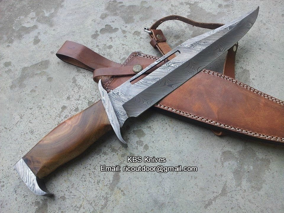 Rambo Knife – 17" Damascus Steel Blade with Blood Groove & Rosewood Handle

