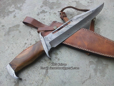 Rambo Knife – 17" Damascus Steel Blade with Blood Groove & Rosewood Handle

