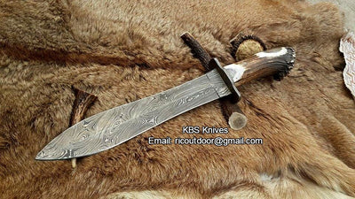 Custom handcrafted 17.5-inch Bowie Knife with a double edge Damascus steel blade