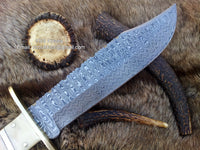 Deluxe Dundee Bowie Knife - Premium Damascus Steel Blade, Bone Handle, Brass Guard, and Leather Sheath - Available at KBS Knives Store