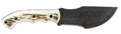 Damascus Steel Tom Brown Tracker Knife with Antler Horn Handle and Secure Horizontal Leather Sheath