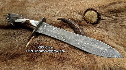 Double Edge Hunter Big Bowie Knife with Damascus Steel Blade and Stag Horn Crown Handle by KBS Knives.