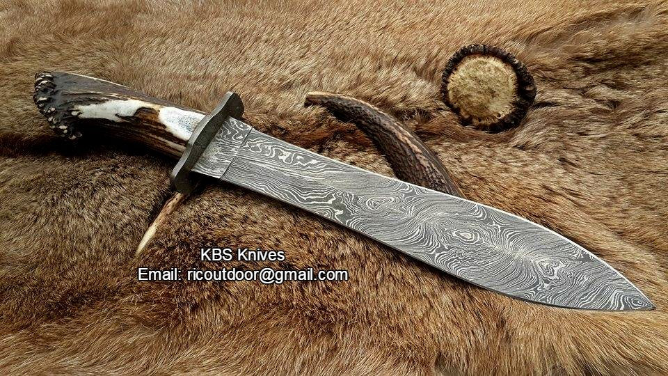 Double Edge Hunter Big Bowie Knife with Damascus Steel Blade and Stag Horn Crown Handle by KBS Knives.