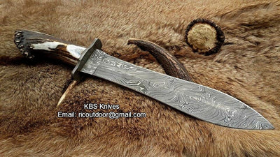 Double Edge Hunter Big Bowie Knife with Damascus Steel Blade and Stag Horn Crown Handle by KBS Knives.
