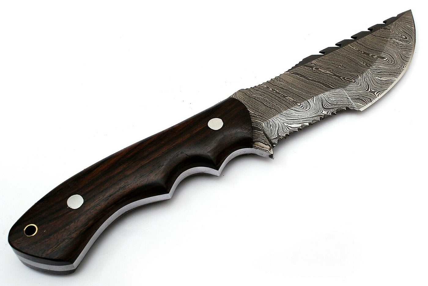 Durable 10-inch Tom Brown Tracker Knife with Damascus Blade and Horizontal Leather Sheath