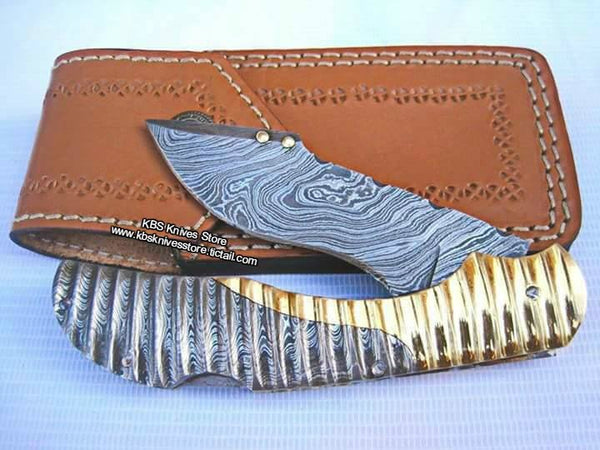 Everyday Carry Damascus Steel Folding Pocket Knife with Damascus and brass bolsters.
