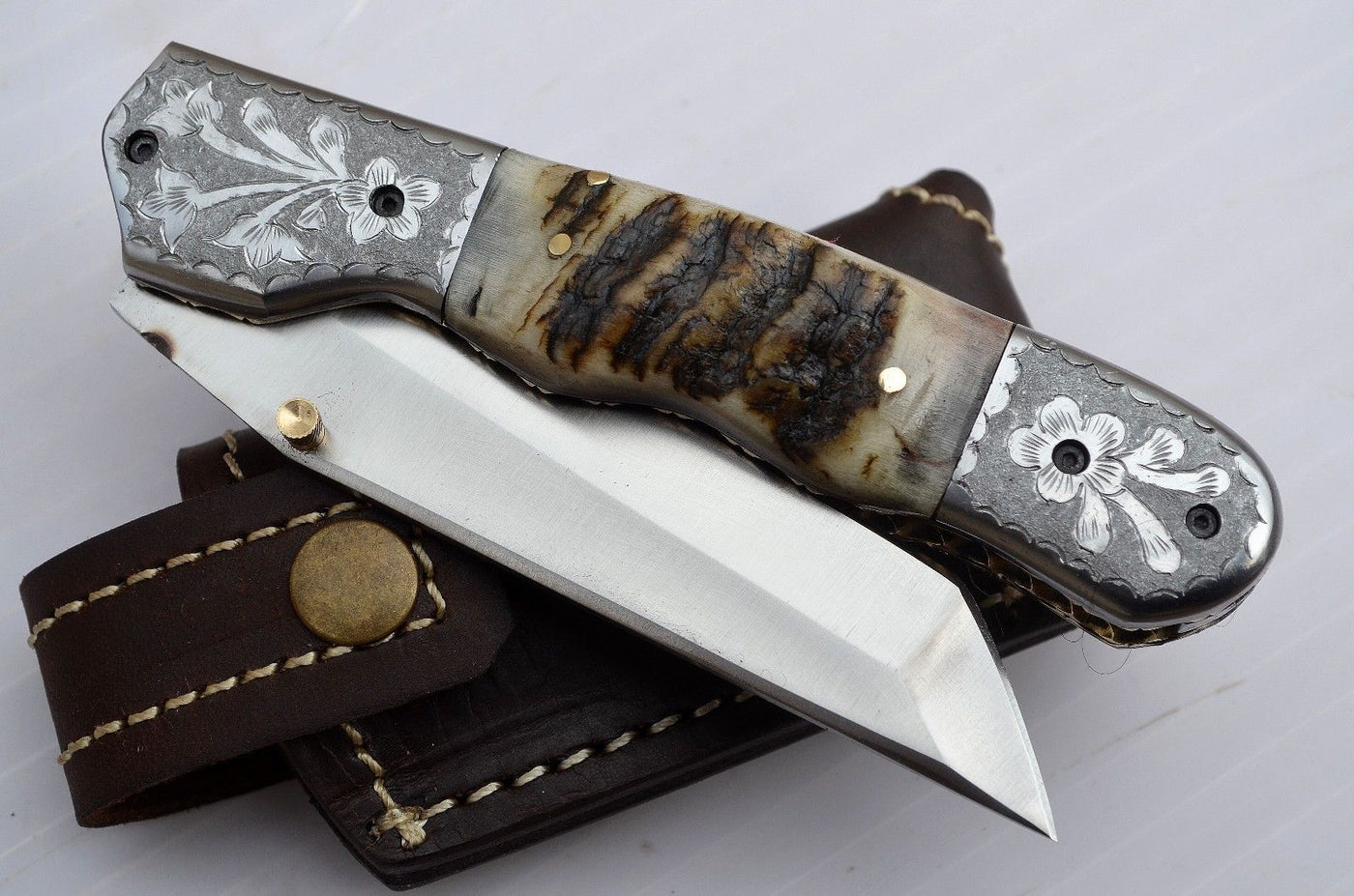 Everyday Carry Folding Pocket Knife with Razor Sharp D2 Steel Blade and Leather Sheath
