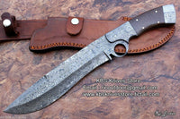 Finger Hole Bowie Knife with Raindrops Damascus Steel Blade and Walnut Wood Handle by KBS Knives