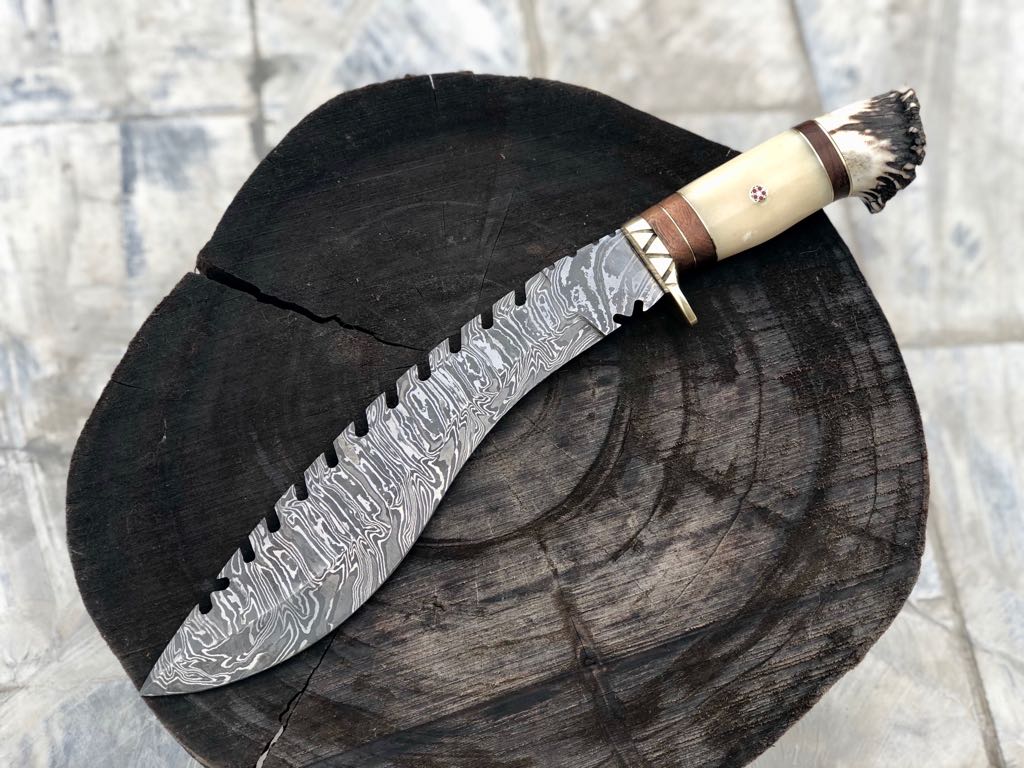 Full Tang Damascus Steel Gurkha Kukri with Bone, Rosewood, and Antler Horn Handle.
